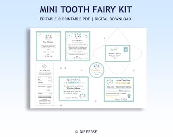 Puede incluir: Kit de hada de los dientes imprimible con un certificado, una carta, un recibo y un sobre. El kit está decorado con una ilustración de hada de los dientes y un esquema de color azul y amarillo. El texto en el certificado dice: "Certificado oficial del hada de los dientes. Este documento certifica que [nombre] fue visitado por el hada de los dientes en la fecha de [fecha]."