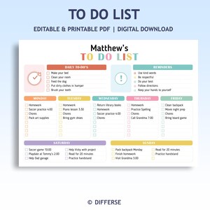 May include: A digital to-do list, titled "Matthew's TO DO LIST", with a pastel colour scheme. The printable PDF includes daily tasks, reminders, and a weekly schedule with checkboxes. The text "TO DO LIST" is at the top, with the option to edit and print.
