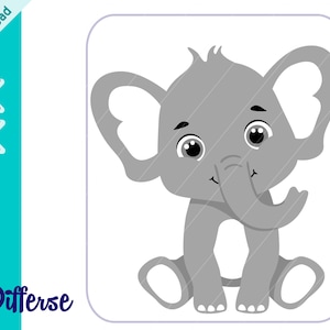 May include: A cute cartoon illustration of a gray elephant with big eyes and a small trunk. The elephant is sitting with its legs crossed and has a happy expression on its face.