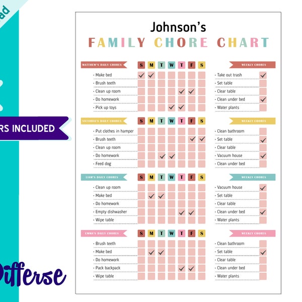 Editable Family Chore Chart | Daily and Weekly Chores | Printable Chore Chart | Editable Chore Chart For Kids PDF | A4 Digital Download