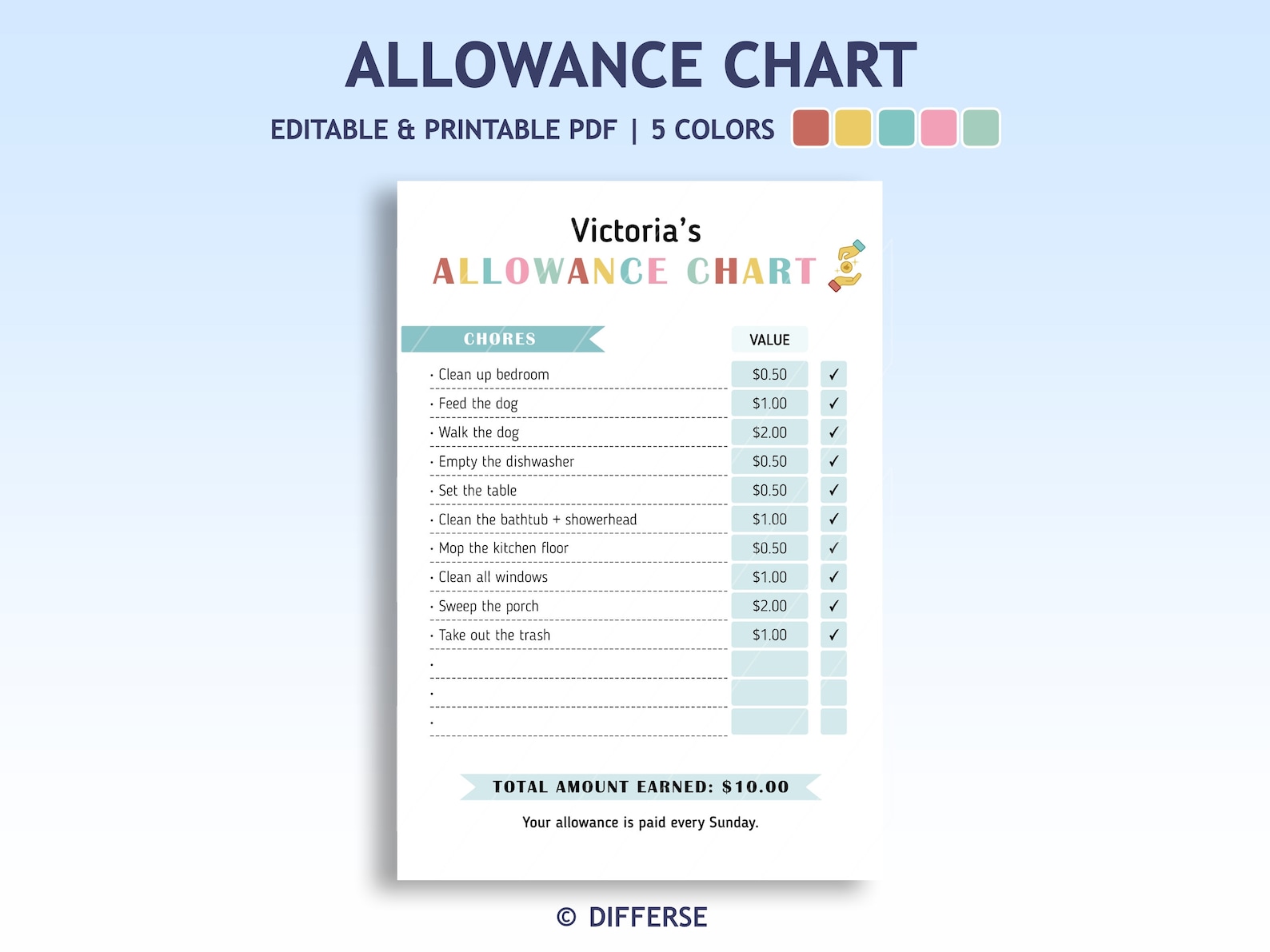 Allowance Chart for Kids | Allowance Tracker | Chore Chart | Incentive ...