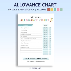Allowance Chart For Kids | Allowance Tracker | Chore Chart | Incentive Chart | Reward Chart | Earn Money Chart | Printable Allowance Sheet