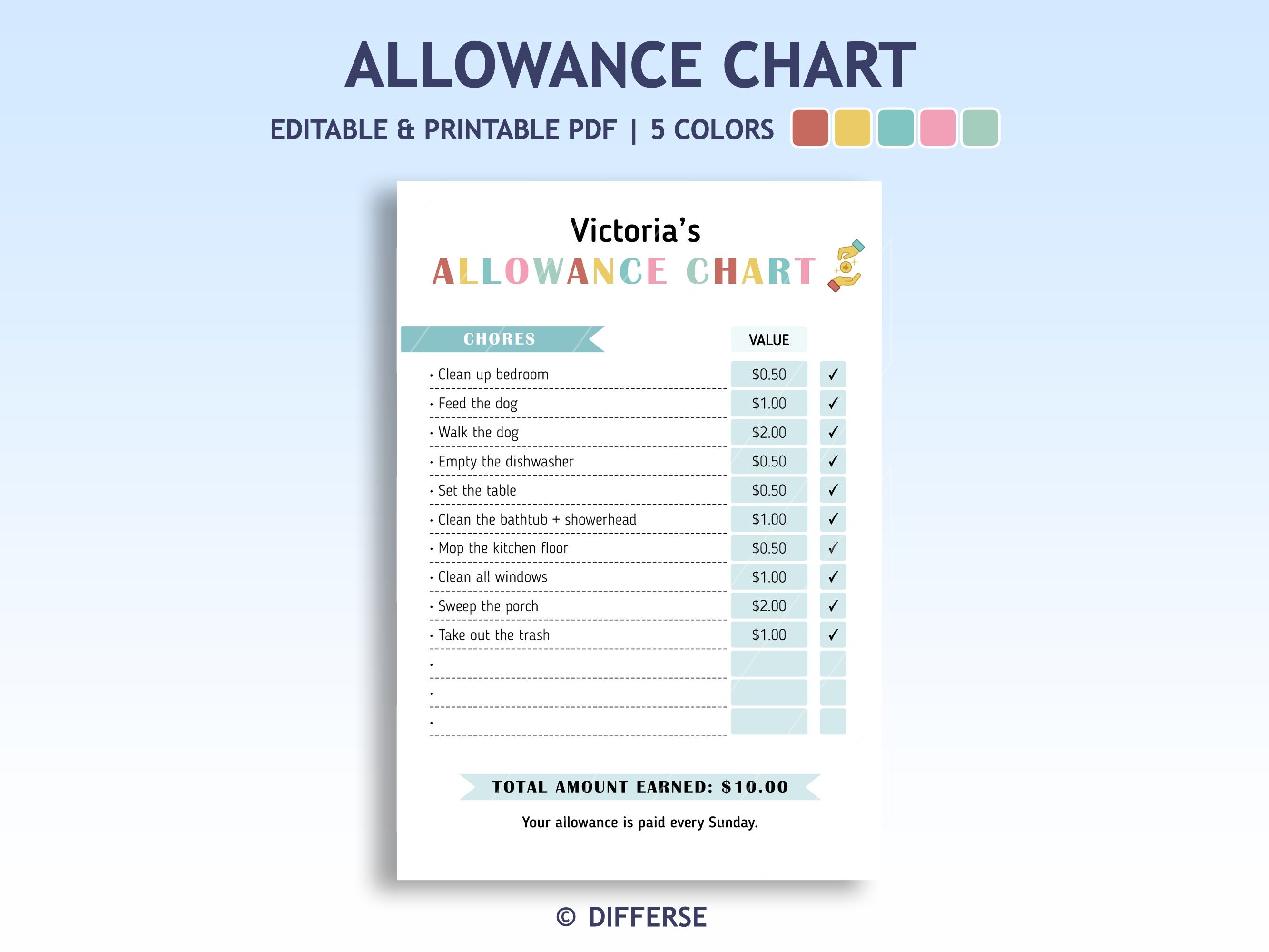 Allowance Chart for Kids | Allowance Tracker | Chore Chart | Incentive ...