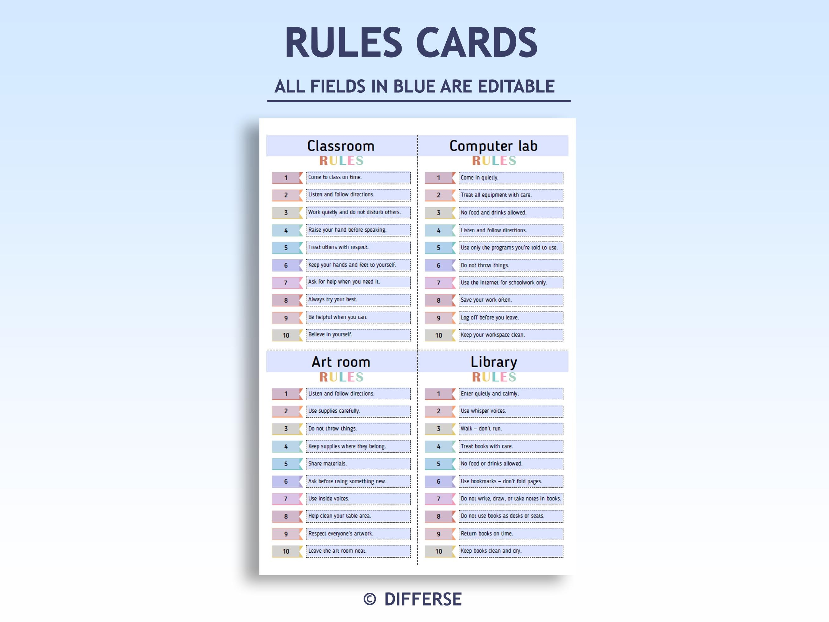 Editable Classroom Rules Cards for Different Rooms | House Rules ...