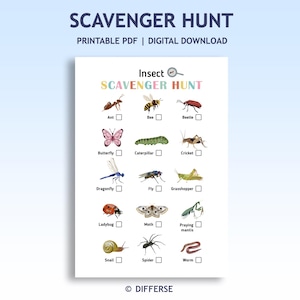 May include: A white printable scavenger hunt sheet with the title "Insect Scavenger Hunt" in colorful text. The sheet features illustrations of various insects, including an ant, bee, butterfly, and ladybug, with checkboxes next to each image.