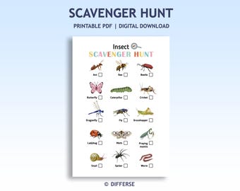 Insect Scavenger Hunt | Bug Hunt for Kids | Printable Nature Activity | Kids Outdoor Adventure Game | Kids Camping Activity