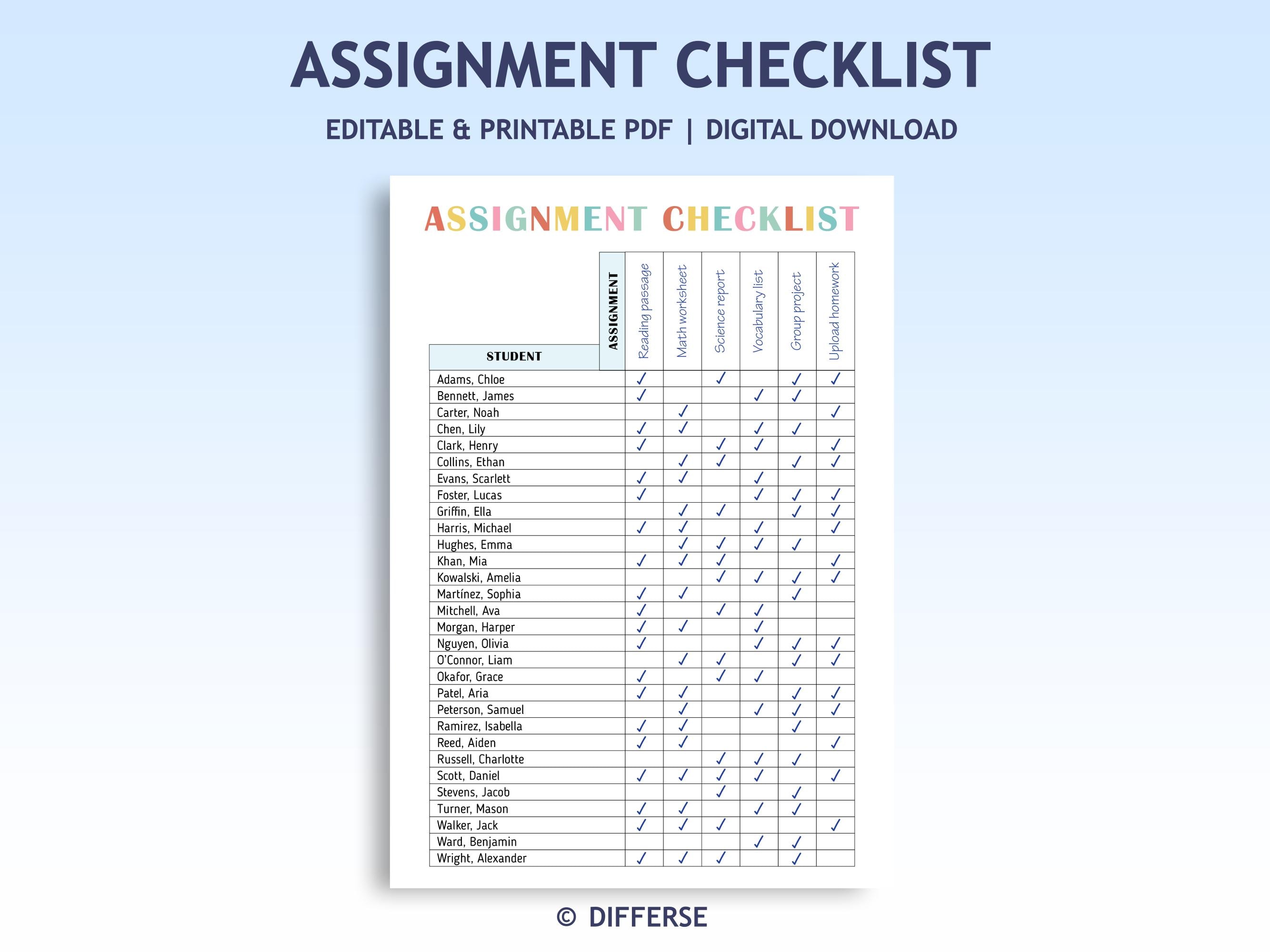 Assignment Checklist | Homework Checklist | Assignment Tracker ...