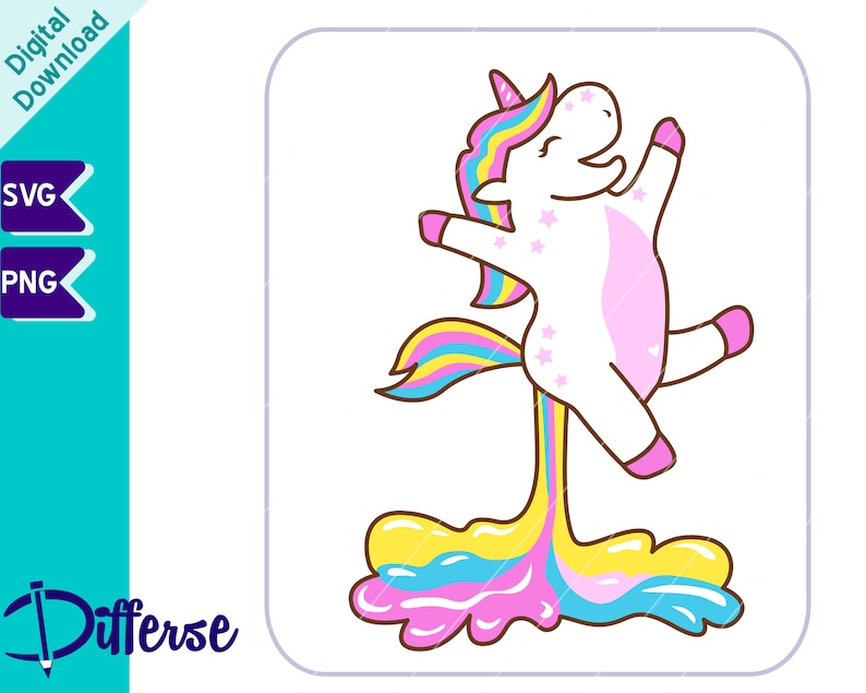 Puede incluir: Un unicornio de dibujos animados con una melena y una cola arco&iacute;ris se muestra haciendo caca de un arco&iacute;ris. El unicornio es blanco con acentos rosas y amarillos. La caca arco&iacute;ris es un remolino colorido de rosa, amarillo y azul.