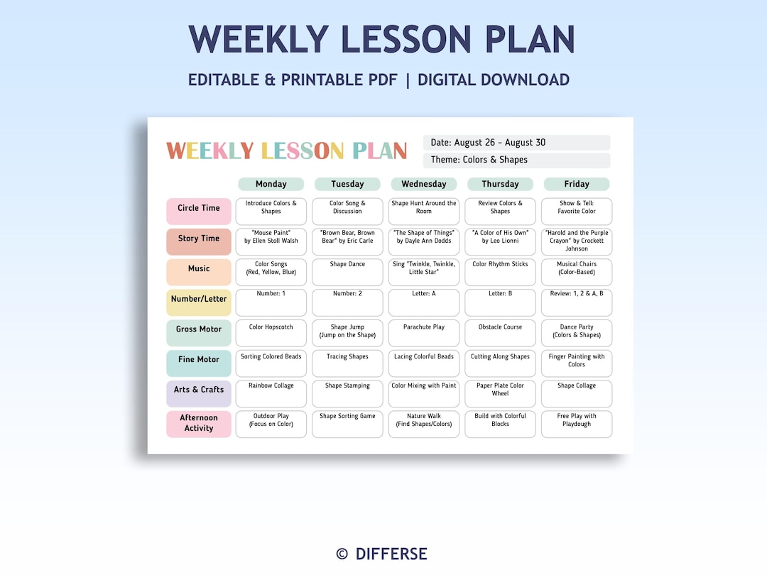 Weekly Lesson Plan | Class Schedule | Classroom Schedule | Prek Lesson ...