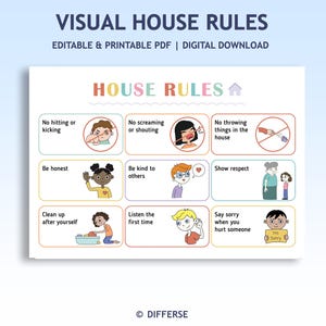 May include: A printable PDF with visual house rules. The poster features colourful illustrations and text, including "No hitting or kicking," "Be honest," and "Clean up after yourself." The top of the poster reads "VISUAL HOUSE RULES."