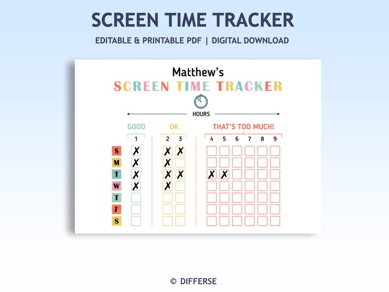 Op de afbeelding: Afdrukbare schermtijdtracker met een kleurrijk ontwerp. De grafiek is verdeeld in drie secties: goed, ok en dat is te veel! De grafiek is gelabeld met de dagen van de week en het aantal uren dat voor het scherm wordt doorgebracht.