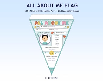 All About Me Flag Printable | Back to School Activity | First Day of School Craft | Classroom Garland | Get To Know Me Self-Portrait