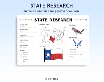 Kids State Research Worksheet | Editable State Research Report | States and Capitals Worksheet | USA States | United States Study