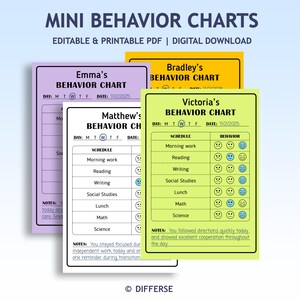 May include: Digital download of mini behavior charts. The charts are in various colors, including purple, yellow, and green. Each chart has a name, date, schedule, and behavior section with smiley face icons. The text "MINI BEHAVIOR CHARTS" is at the top.