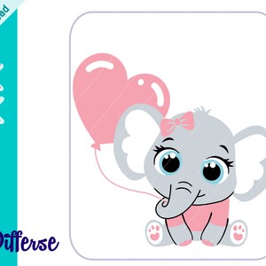 Può includere: Un elefante grigio con orecchie rosa, un fiocco rosa e occhi blu tiene un palloncino rosa a forma di cuore. L'elefante indossa una camicia rosa e ha un naso rosa.