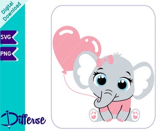 Cute Baby Elephant With Balloon | SVG Cut File & PNG | Baby Elephant SVG | Girl Elephant svg | Elephant Baby Shower | Cute Elephant Girl