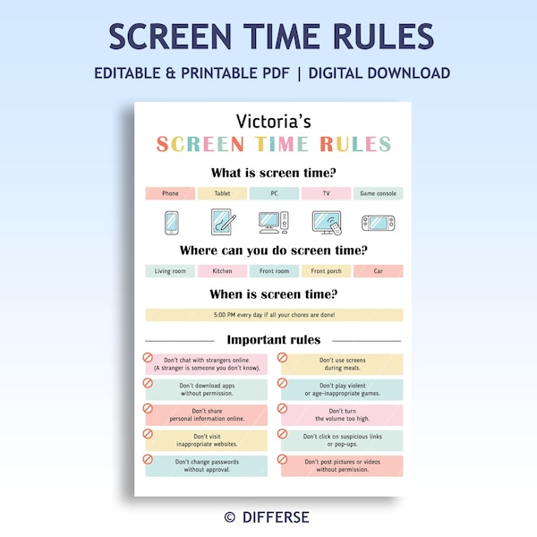 Screen Time Rules | Online Safety | Screen Time Chart | Cyber Safety | Social Media Safety | Screen Time Chores |  Screen Time Management
