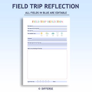 May include: A white printable worksheet titled "FIELD TRIP REFLECTION" with editable fields. The worksheet includes sections for name, date, location, weather, and a drawing area. The text "ALL FIELDS IN BLUE ARE EDITABLE" is at the top.