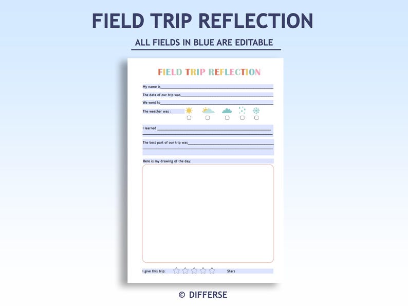 May include: A white printable worksheet titled "FIELD TRIP REFLECTION" with editable fields. The worksheet includes sections for name, date, location, weather, and a drawing area. The text "ALL FIELDS IN BLUE ARE EDITABLE" is at the top.