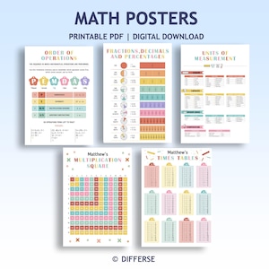 以下が含まれることがあります： 算数のポスターのコレクション。計算の順序、分数、小数、パーセンテージ、単位などのトピックが含まれています。ポスターには「印刷可能なPDF | デジタルダウンロード」と記載されています。ポスターの1つは「Matthew's Multiplication Square」というタイトルです。