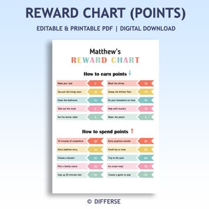 May include: A printable reward chart with the title "Reward Chart (Points)" and the name "Matthew's Reward Chart" at the top. The chart lists tasks to earn and spend points, such as making the bed, washing dishes, and choosing a dessert.