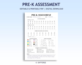 Editable Readiness Assessment | End of Year Pre-K Assessment | Kindergarten Readiness Checklist | Shape, Number, Letter, Color Recognition