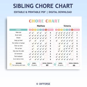 Könnte beinhalten: Ein druckbares Geschwister-Pflichtenheft mit dem Titel "SIBLING CHORE CHART". Die Tabelle ist in zwei Abschnitte unterteilt, einen für Matthew und einen für Victoria, mit Aufgaben und einem Punktesystem. Der Text "EDITABLE & PRINTABLE PDF | DIGITAL DOWNLOAD" ist enthalten.