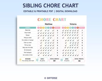 Sibling Chore Chart | Chore Chart For 2 Kids | Multiple Kids Chart | Responsibility Chart | Routine Chart | Cleaning Chart | Behavior Chart