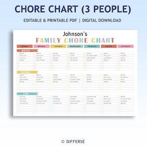 Chore Chart für 3 Kinder | Tabelle der Hausarbeiten | Kids Chore Chart | Hausarbeit | Diagramm der Verantwortung | Routine-Chart | Chore Chart Familie