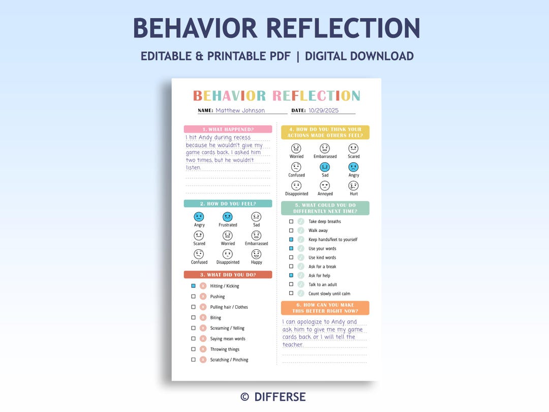 Visual Behavior Reflection Sheet | Editable Kids Behavior Think Sheet ...