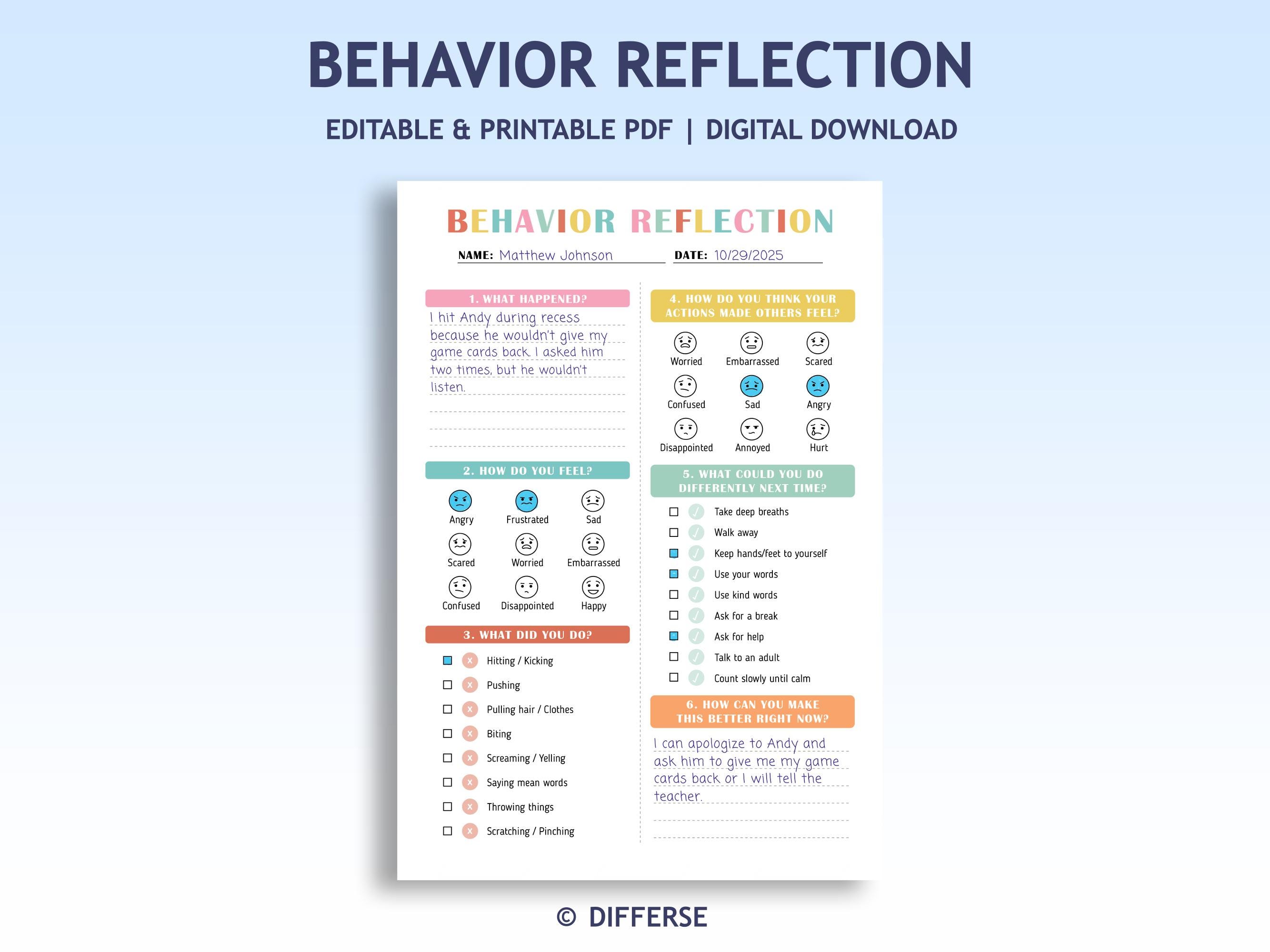 Visual Behavior Reflection Sheet | Editable Kids Behavior Think Sheet ...