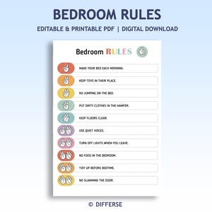 May include: A printable bedroom rules chart with a light blue and white background. The chart includes rules such as "Make your bed each morning" and "Keep toys in their place". The text "Bedroom Rules" is at the top.