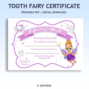 Certificat de fée des dents pour petites filles | Première dent perdue | PDF imprimable de la fée des dents | Cadeau fée des dents | Fée PNG | Téléchargement instantané