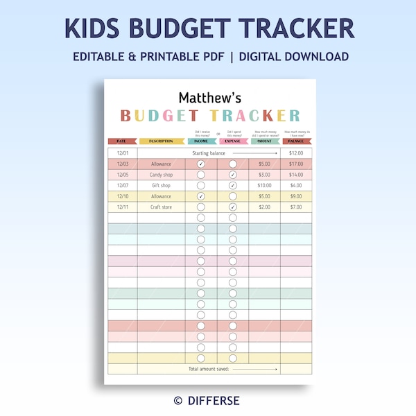 Kids Budget Tracker | Editable Budget Tracker | Allowance Tracker | Kids Budget Planner | Budget Printable | Budget Template for Kids