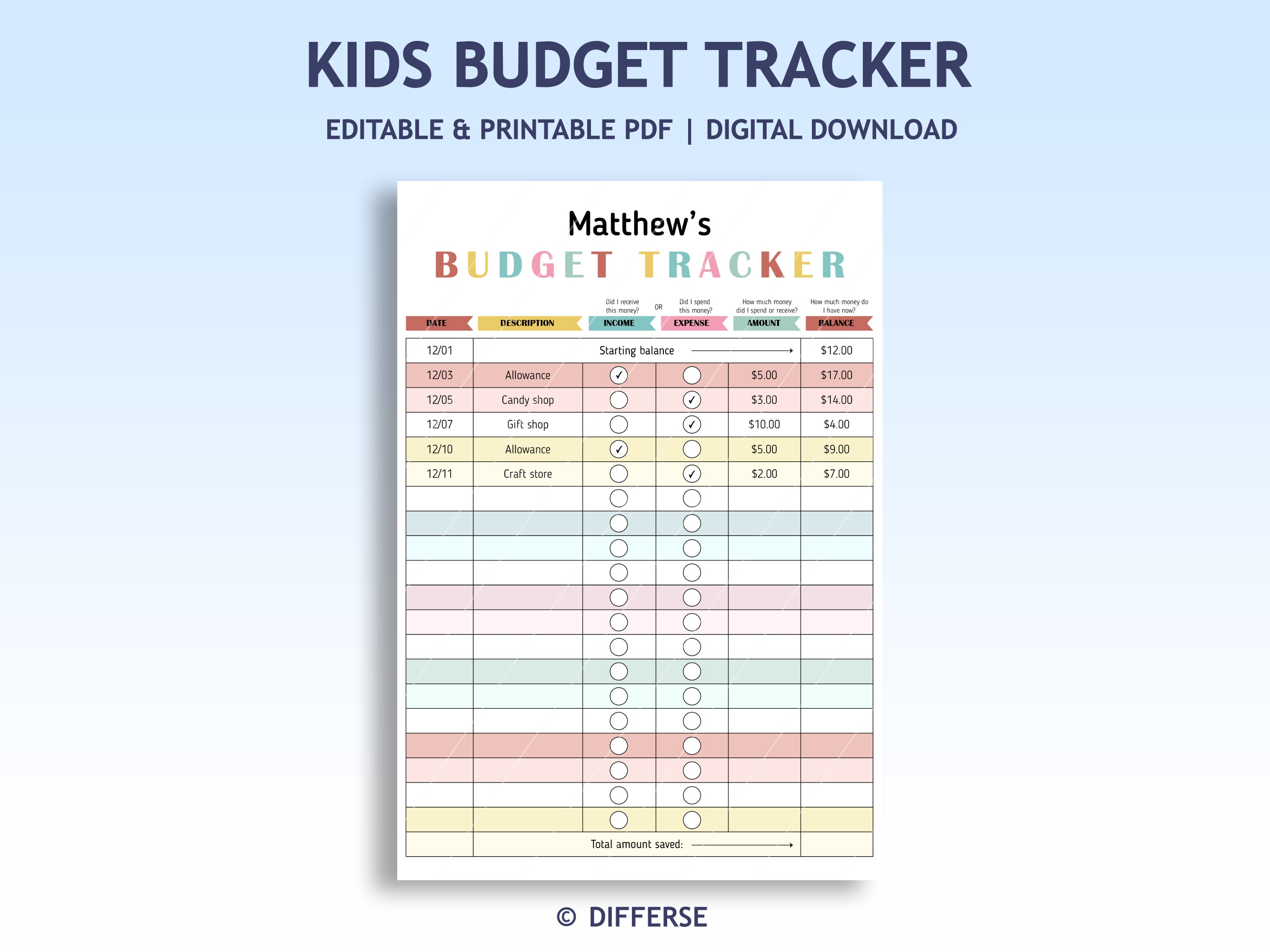 Kids Budget Tracker | Editable Budget Tracker | Allowance Tracker | Kids Budget Planner | Budget Printable | Budget Template for Kids