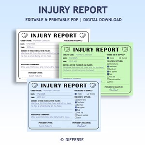 May include: Three printable injury report templates in white, green, and blue. Each form includes fields for child's name, date, time, incident details, additional comments, and treatment applied. The text "INJURY REPORT" is at the top.
