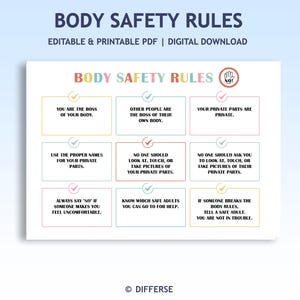 May include: A digital download PDF titled "Body Safety Rules" with colourful text and a hand symbol. The rules are presented in a grid format, covering topics like body ownership, privacy, and safe adults.