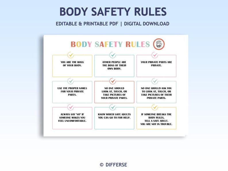 May include: A printable PDF titled "Body Safety Rules" with colorful text and a hand symbol. The rules are presented in a grid format, covering topics like body ownership, privacy, and safe adults.