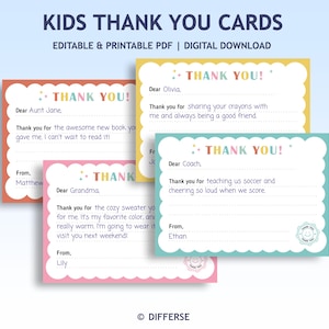 May include: Colorful kids' thank you cards with scalloped edges and the words "THANK YOU!" in a playful font. The cards are editable and printable, with space for personalized messages.