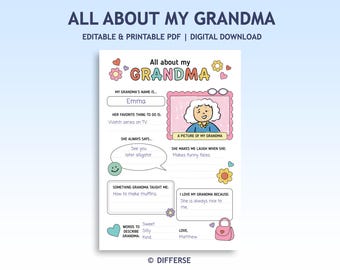 All About My Grandma Printable | Grandparents Day Activity | Grandma Gift | Kids Writing & Coloring Page | Grandmother Keepsake