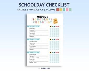 May include: A printable school day checklist for kids with a cute backpack illustration. The checklist includes tasks for before school, after school, and after dinner. The days of the week are labeled with the initials M, T, W, Th, F.