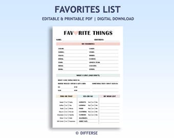 Favorite Things List | Printable Gift List | My Favorites Survey | Editable Wish List | Gift Idea Template | Birthday Wish List