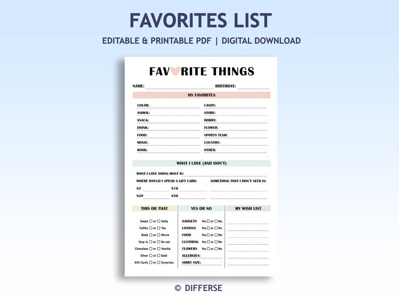 Favorite Things List | Printable Gift List | My Favorites Survey ...