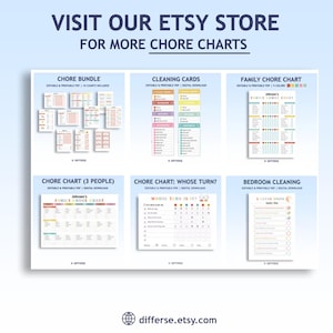 May include: A collage of printable chore charts for families. The charts are colorful and feature different themes, including a chore bundle, cleaning cards, a family chore chart, a chore chart for 3 people, a chore chart for whose turn it is, and a bedroom cleaning chart. Visit the Etsy store for more chore charts.