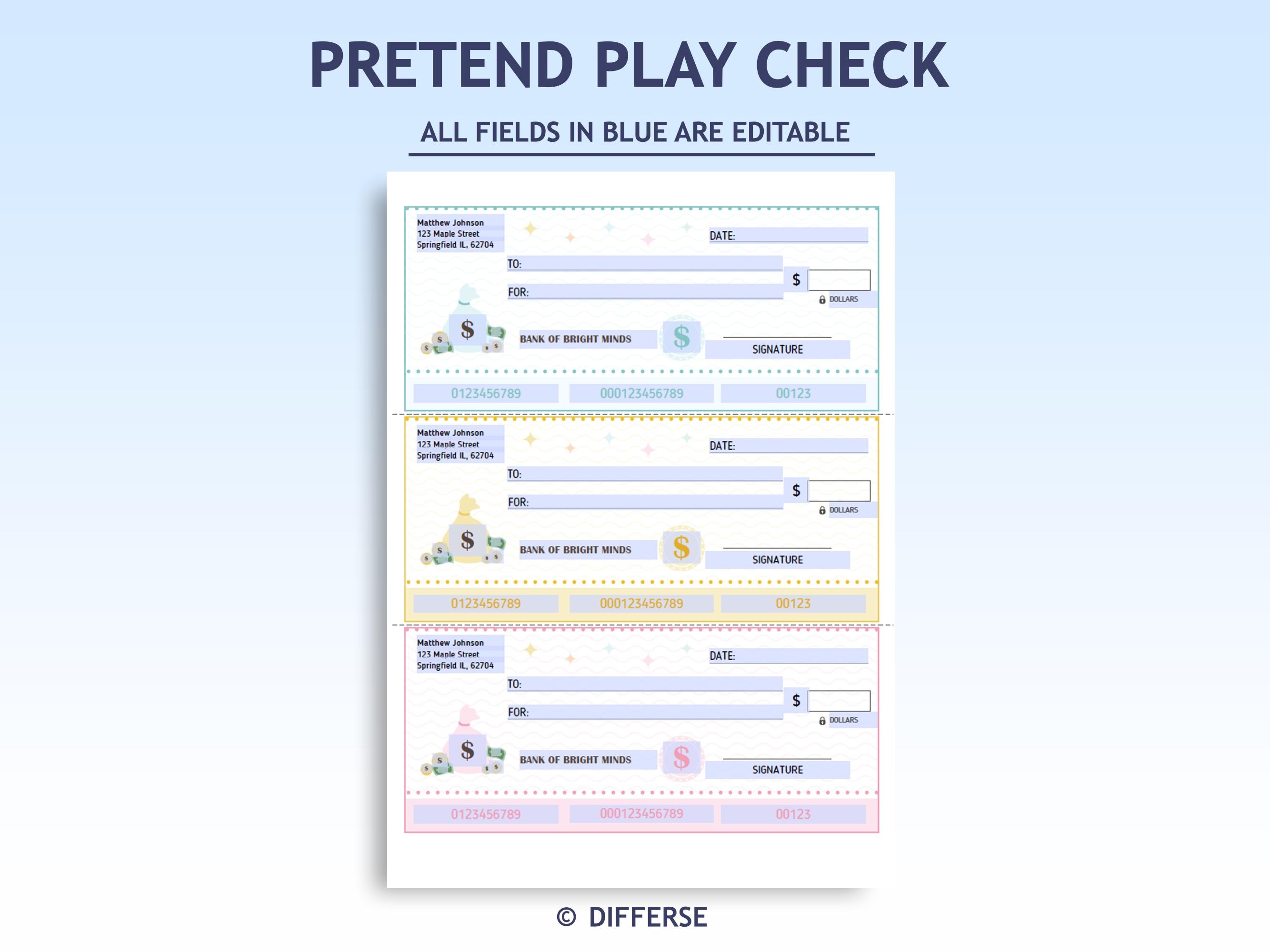 Editable Play Checks for Children | Kids Pretend Checks | Pretend Play ...