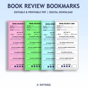 Könnte beinhalten: Bunte Lesezeichen für Buchrezensionen mit gewelltem Rand. Jedes Lesezeichen hat ein Ausfüllformat für Buchtitel, Autor und persönliche Gedanken. Der Text "BOOK REVIEW BOOKMARKS" und "EDITABLE & PRINTABLE PDF | DIGITAL DOWNLOAD" steht oben.