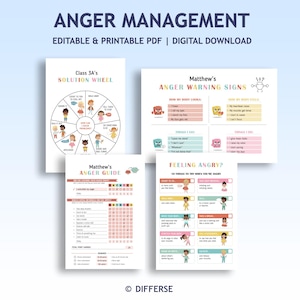 May include: A collection of printable PDF documents for anger management. The documents include a solution wheel, anger warning signs, an anger guide, and a guide for feeling angry. The documents have colorful illustrations and text.
