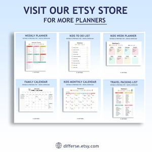 May include: A digital download of printable planners for kids and families. The planners include a weekly planner, to-do list, week planner, family calendar, monthly calendar, and packing list. The planners are colorful and feature a variety of designs.