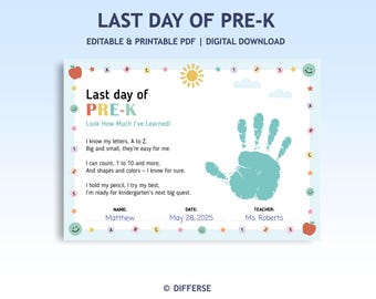 Last Day of Pre-K Keepsake | Handprint Craft Printable | End of Year Memory Poem | Preschool Graduation Gift