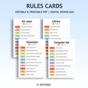May include: Four printable rules cards for different areas: art room, library, classroom, and computer lab. Each card features a list of rules with colourful accents and the text "RULES" at the top. The cards are labelled "EDITABLE & PRINTABLE PDF | DIGITAL DOWNLOAD".